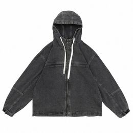 men Loose Hooded Denim Jacket Harajuku Oversized Zip-up Jeans Coat Black Gray Fi Casual Jacket O0Ce#