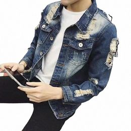 2024 Men's Ripped Handsome Persality Casual Tooling Denim Jacket e702#