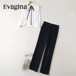 Women's Two Piece Pants Evagina Fashion High Quality Shirt Collar Lace-Up White Long-Sleeved Top Straight-Leg 2-Piece Set