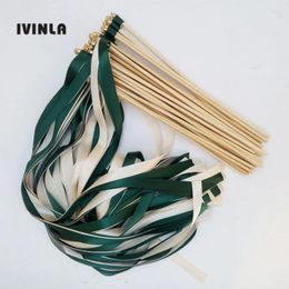 Party Decoration 50pcs/lot Evergreen And Cream Wedding Ribbon Wands With Gold Bell Twirling Streamers Stick