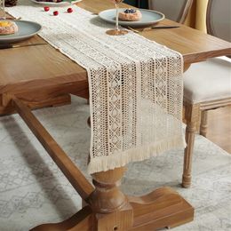 Beige Crochet Tassel Table RunnerCotton Blende Fabric for Kitchen Dining Coffee Wedding Birthday Holiday Decor 240325