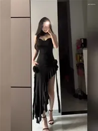 Casual Dresses Fashion 2024 Summer Sexy Long Black Dress Girl High Split Ruffles Irregular Strap Sleeveless Club Party Slit Skirt
