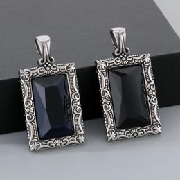 Pendant Necklaces Square Stone For Men Retro Silver Colour Stainless Steel Geometric Collar With Box Chain Jewellery Gift