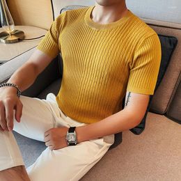 Men's T Shirts High Quality Men Round Neck Knitted Mens Autumn Short Sleeve Slim Fit Solid Pullovers Casual Stretched Sweater Tee