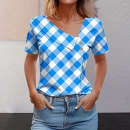 Women's Blouses Stretchy Women Top Stylish Plaid Print Skew Collar T-shirt For Loose Fit Short Sleeve Pullover With Button Summer