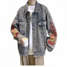 men's Denim Jacket Ripped Flame Embroidered Male Wool-edge Spring Autumn Couple Cowboy Jackets Single-breasted Lg Sleeve Tops z5WH#