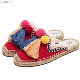 Sandals High quality brand designer summer thick vintage embroidered canvas womens straw woven slider outdoor indoor sandals muleL2403