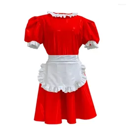 Party Dresses PVC Leather Sexy Maid With White Apron Multicolor Bubble Short Sleeve French Sissy Cosplay Costume Uniform Outfit