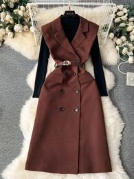Casual Dresses Autumn Winter Women's Sleeveless Notched Collar Double-Breasted Office Blazer Midi Dress With C Letter Belted And Knitted Top