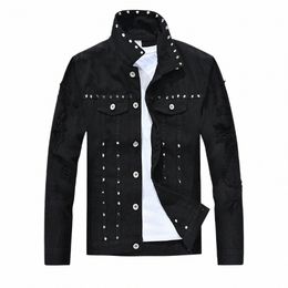 men's Fi Punk Jeans Jacket With Rivets High Street Ripped Denim Coat Slim Fit Distred Studded Outerwear With Holes R5db#