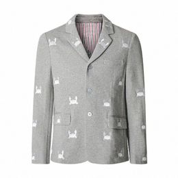 korean Men's Jackets Autumn Spring Embroidery Proc Animal Pattern Cardigan Butt Design Fi Busin Casual Suit Coat Q3Vv#
