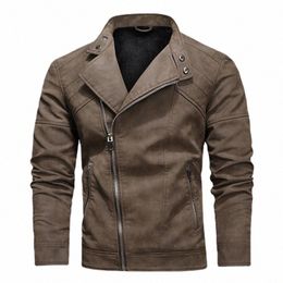 men's Motorcycle Leather Jacket Fleece Fi Stand Collar Slim Fit Zipper Trends Coat Autumn Winter Warm Faux Leather Outwear M1Fu#