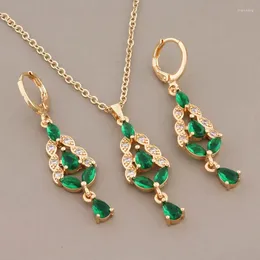 Necklace Earrings Set Luxury Elegant Women's Unique Green Drop & Dangle Gold Color Long High Quality Daily