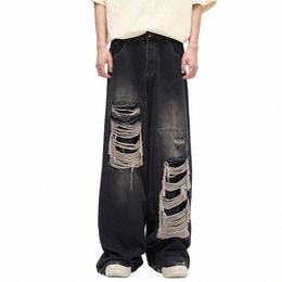 men's Ripped Black Jeans Harajuku Wide Leg Pants Denim Baggy Y2K Cargo Pants Streetwear Koean Style Clothes Gothic m1UM#