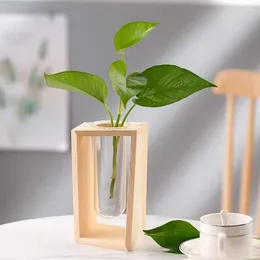 Vases Wooden Frame Test Tube Glass Vase Hydroponic Green Plant Planter Holder Flower Stand For Tabletop Home Decor