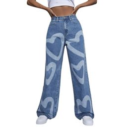 Jeans For Women Plus Size Streetwear Heart Prints Street Loose Cargo Pants Pockets Jeans Trousers High Waisted Stretch Jeans 240315