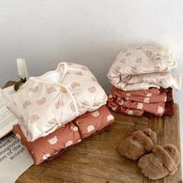 Clothing Sets Winter Ins Korean Baby Girls 2PCS Set Thickened Cartoon Bear Print Cotton Infant Outerwear Casual Loose Toddler Girl Pants