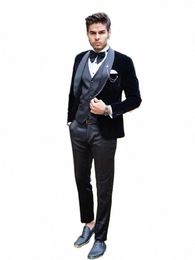 black Men's Suits Tailor-Made 3 Pieces Veet Blazer Vest Pants Satin Sheer Lapel Tuxedo Slim Modern Wedding Plus Size Tailored E62N#