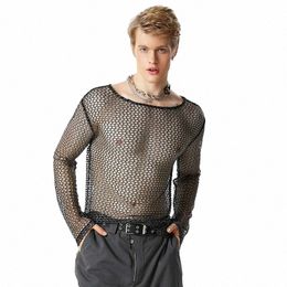 fi Clubwear Style Tops INCERUN Men Sexy Shiny Fabric T-shirts Casual See-through Mesh Thin Lg Sleeved T-shirts S-5XL 2023 D9ul#
