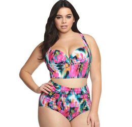 High Waist Swimsuit Women Plus Size Swimwear Print Flower Beach Bikini Set