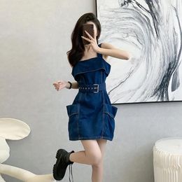 Casual Dresses 2024 Summer French Strap Jeans Dress Women Robe Slim Waist Princess Pomped Slash Neck Denim Clothing