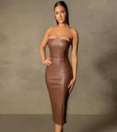 Casual Dresses For Women Brown Faux Leather PU Clothes Sexy Strapless Long Pencil Dress Party Outfits Nightclub Robe8139425