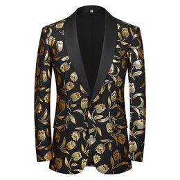 Stylish Gold Tulip Print Suit Jacket Men Brand One Button Shawl Lapel Dress Blazers Mens Party Dinner Wedding Tuxedo Blazer 240314