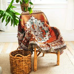Woven Tapestry Throw Blanket with Fringe Boho Bohemian Chair Recliner Furniture Cover Hippie Throws Sofa Blankets 240325