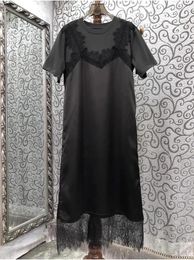 Party Dresses High Quality Long T-Shirt Dress 2024 Spring Summer Clothing Women Lace Patchwork Short Sleeve Midi Black TShirt Casual