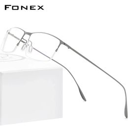 FONEX Alloy Glasses Frame Men Square Myopia Prescription Eyeglasses Frames Half Rim Optical Male Korean Eyewear 8101 240322