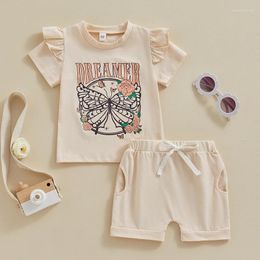 Clothing Sets Fashion Summer Toddler Kid Baby Girls Clothes Butterfly Letter Print Crew Neck Short Sleeve Ruffles T-shirts Shorts Outfits