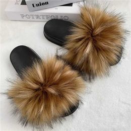 Slippers Artificial fur slider womens soft ome fluffy sandals casual flip winter warm flat Soes Plus size 36-45 H240326K2K4