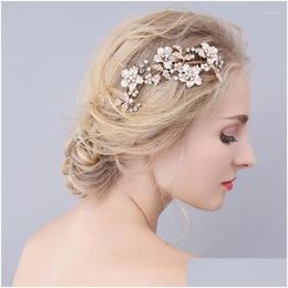 Hair Clips Barrettes Floralbride Handmade Flower Leaf Rhinestones Pearls Comb Bridal Headpieces Crystal Accessories Women Drop Deliver Oteiw