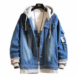 2023 homens com capuz denim jaqueta hip hop jeans casaco retro streetwear casual bombardeiro jaqueta outerwear masculino jeans hoodies casacos w4QC #