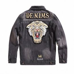 2024 Spring New Men'S Denim Jacket Fiable Tiger Head Embroidered Print Outdoor Motorcycle Style Casual Slim Fit Top Jacket 98hA#