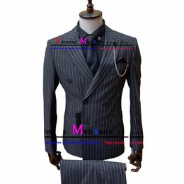 cjunto de traje de doble botadura para Hombre, traje de 2 piezas c solapa y muescas a rayas negras, Blazer trabajo ncios, Pantales X9LQ#