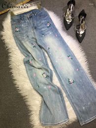 Women's Jeans European Drilling Women 2024 Spring Fashion Handmade Embroidered High Waist Slim Light Blue Elastic Straight Pants