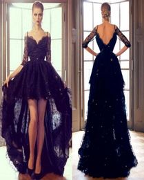2019 Black Lace Hi Lo Evening Formal Dresses Sequins Sexy Off Shoulder High Low Half Sleeves Prom Party Dress7924688