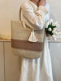 Drawstring Summer Top-handle Bag Contrast Colour With Tassels Weaving Underarm Large-Capacity Handmade Casual Simple For Seaside Holiday