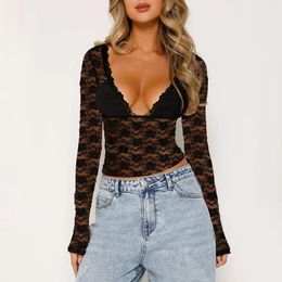 Women's T Shirts Sexy Lace Floral Women Long Sleeve T-shirt Spring Summer Crop Tops Black See Through V Neck Sheer Slim Fit Pollover