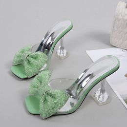 Sexy TRILEINO Summer Slippers 471 Party Fashion Green Bow Heels Sandals Women Square Open Toe PVC Transparent Slides Shoes 5