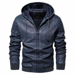 autumn Men's Hooded Leather Motorcycle Jacket Fi Slim Zipper Vintage Locomotive Faux Leather Jackets Blue Windbreaker Coat F2Pg#