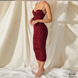 Sleeveless Camisole Wrap Buttocks Slimming One Step Skirt Wine Red V-Neck Pleated Bottom Dress Women 123326