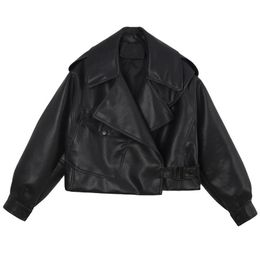 New Oc462m93 European And American Outerwear Women's Motorcycle Street Loose Jacket Handmade Custom Long Sleeved Lapel Fake Leather