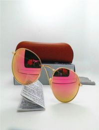 Top Glass Lens Round Sunglasses Men Women Brand Designer Circle Unisex UV400 Mirror 51MM Outdoor Oval Metal Sun Glasses Brown Case4081559