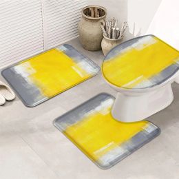 Mats Bath Mat 3 Piece Bathroom Rug Sets Abstract Geometry Yellow Grey Painted Art Pattern Bath Rug Contour Mat and Toilet Lid Cover