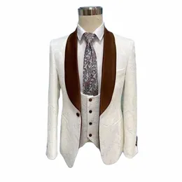 coat Pants Latest Design Wedding Men's Suit White Jacquard Slim Fit Party Gentleman Blazer 3 Pieces Outfits Jacket+Pants+Vest v43i#