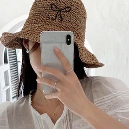 Wide Brim Hats Korean Sunshade Sun Hat Women's Summer Bow Embroidered Straw Holiday Foldable Bucket Cap Simple Solid Color Hollow