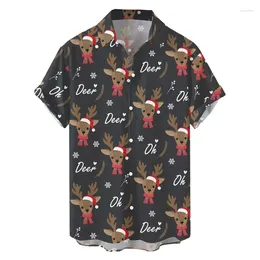 Men's Casual Shirts Christmas Santa Claus Elk 3D Printing Shirt For Men Button Lapel Short Sleeve Hawaiian Tops Oversized Street Aloha