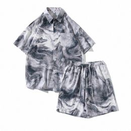 summer Mens Two-piece Sets Tie-dye Oversized Shirt and Shorts Thin Silky Suit Beach Travel Clothes Male P02G#